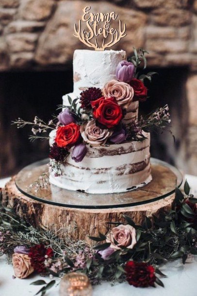 Wedding Cake Ideas Wood Slab Stand With Semi Naked Icing And Cascading Dark Florals