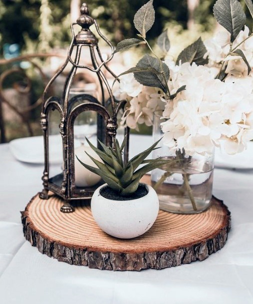 Wedding Centerpiece Ideas Woodsy Standy With Elegant Lantern=and Single Succulent