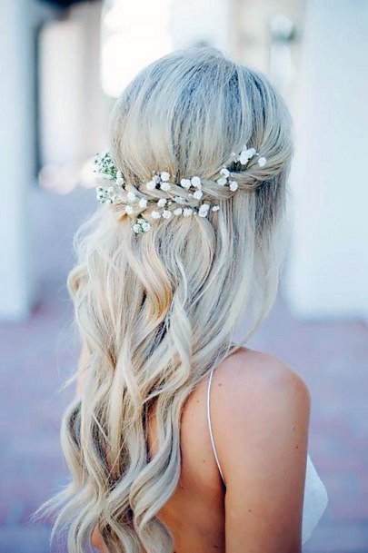 Wedding Hair Ideas Icy Blonde Long Hair With Babys Breath Half Pull Back