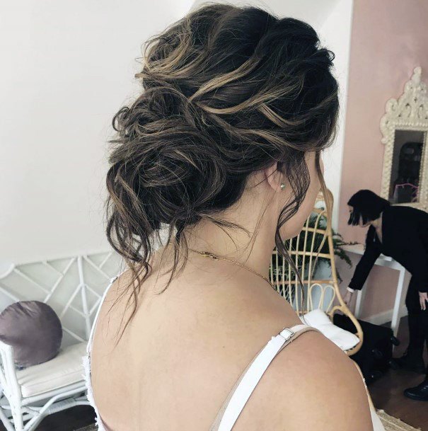 Wedding Updo Messy Wavy Hair Medium Brown Into Low Messy Bun