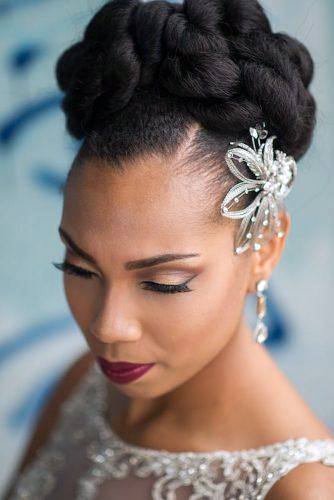 Wedding Updo On African American Woman High Braided Bun And Hair Accessory