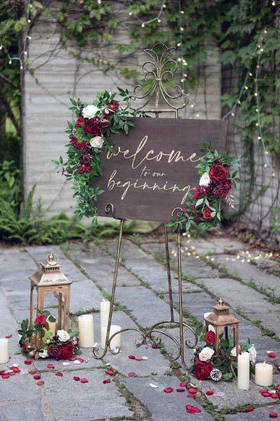 Wedding Welcome Board With Red Flowers