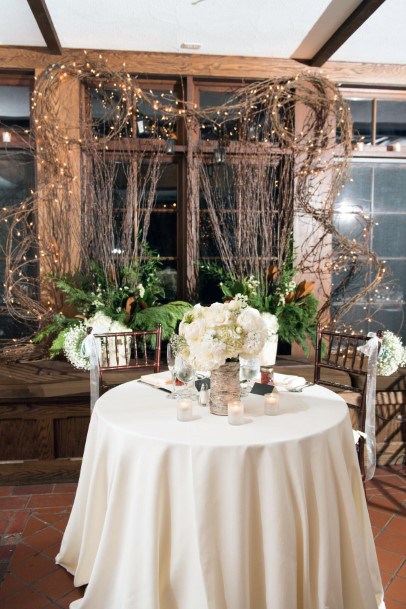 Whimsical Tree Branch And Lights Sweetheart Table Backdrop Rustic Wedding Ideas