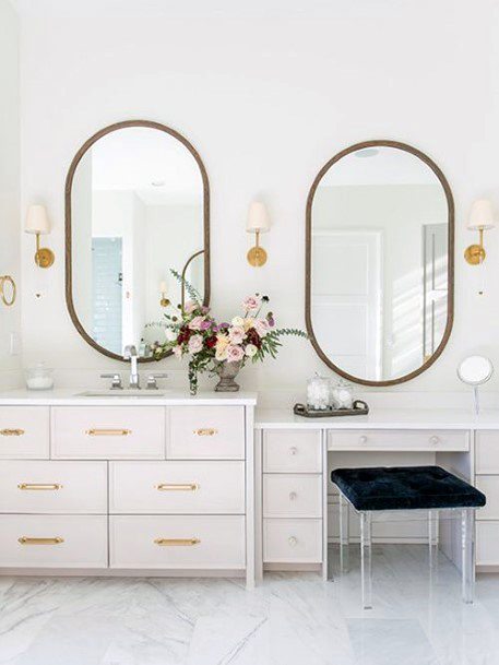 Whimsical White Vanity With Gold Hardware And Seated Vanity Bathroom Cabinet Ideas