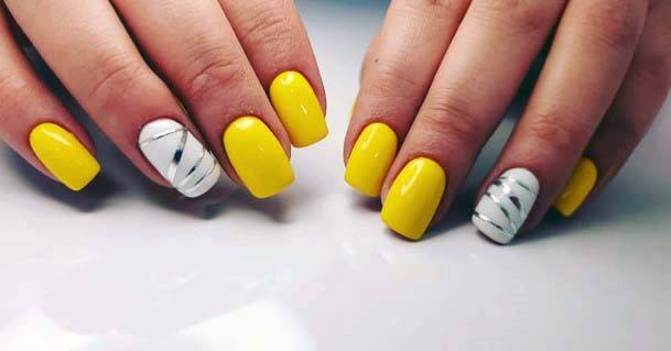 White Accented Bright Yellow Nails For Women