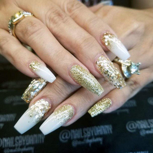 White And Gold Bling Nails
