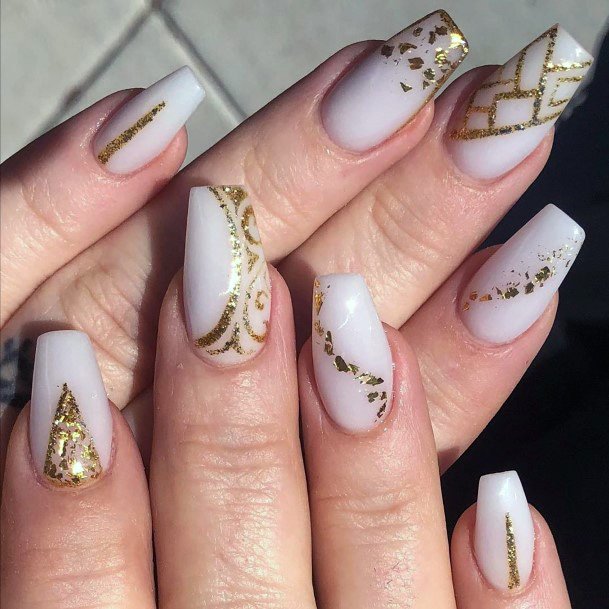 White And Gold Dust Nail Design