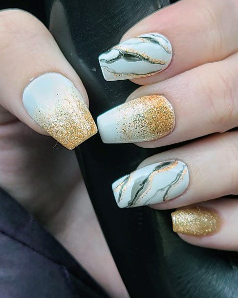 White And Gold With Marble Effect Nail Art