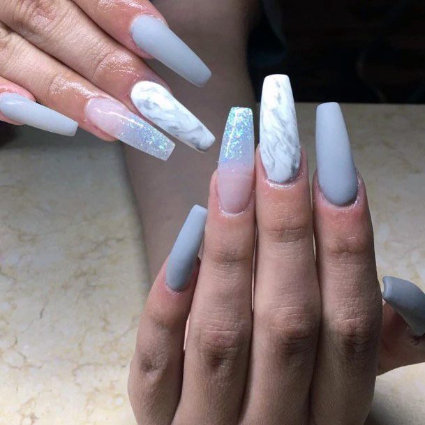 White And Grey Matte Nails With Marble Finish Women