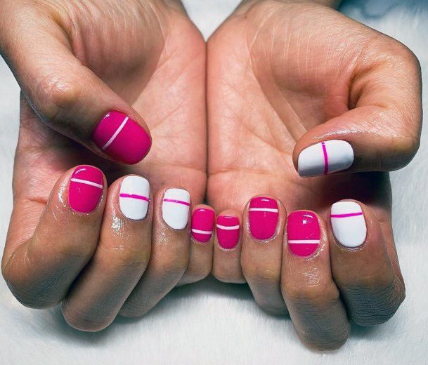 White And Hot Pink Block Nail Design