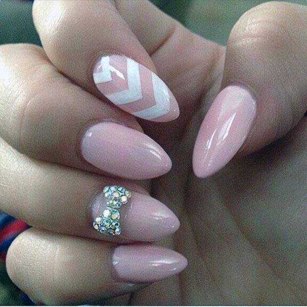 White And Light Pink Chevron And Crytal Bow Nail Art