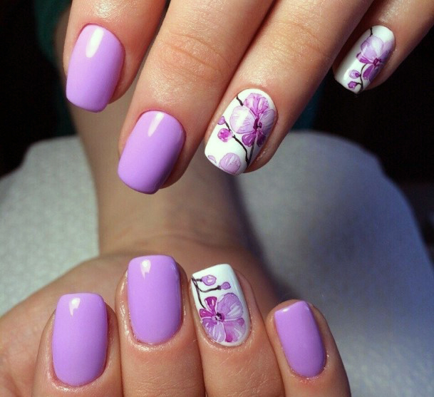 White And Light Purple Orchids Nails