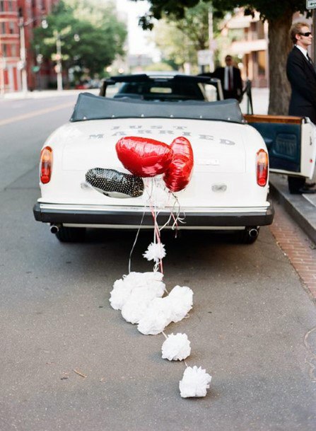 White And Red Balloons On Wedding Car