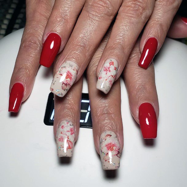 White And Red Floral Wallpaper Art Nail For Women