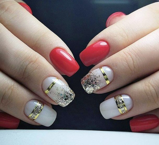 White And Red Nails Women With Gold Art