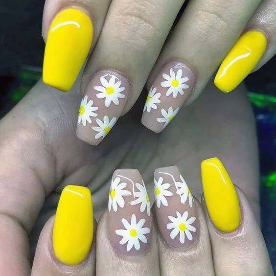 White Blossoms And Bright Yellow Nails Art For Women