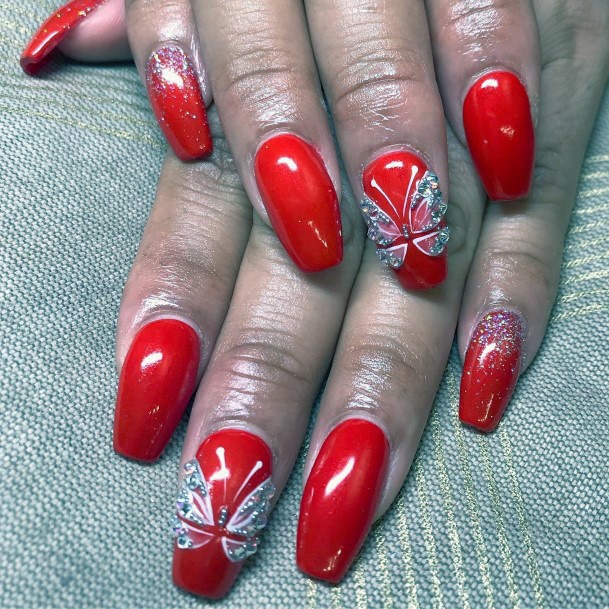 White Butterflies Red Orange Nails For Women