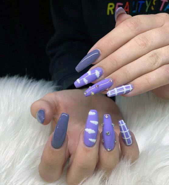 White Clouds And Crystal Lavendar Summer Nails