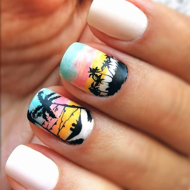 White Colorful Girl Palm Tree Nails Design Sunset Inspiration