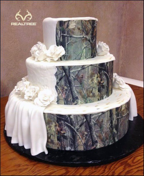 White Curtained Camo Wedding Cake