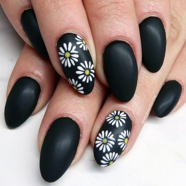 White Daisies On Black Matte Nail Design