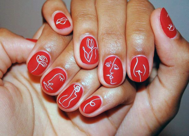 White Designs On Short Red Nails For Women