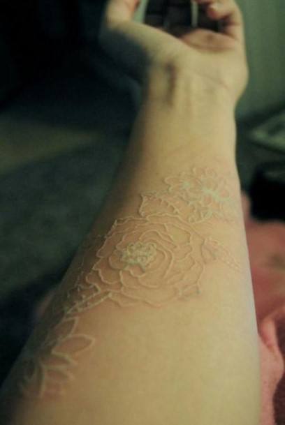 White Embossed Lace Tattoo Womens Forearms