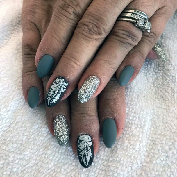 White Feather On Dark Grey Nails Women