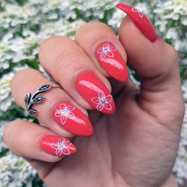 White Floral Design On Bright Red Nails For Women