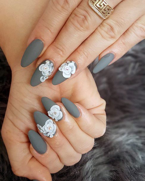 White Florals Embossed On Dark Grey Matte Nails Women