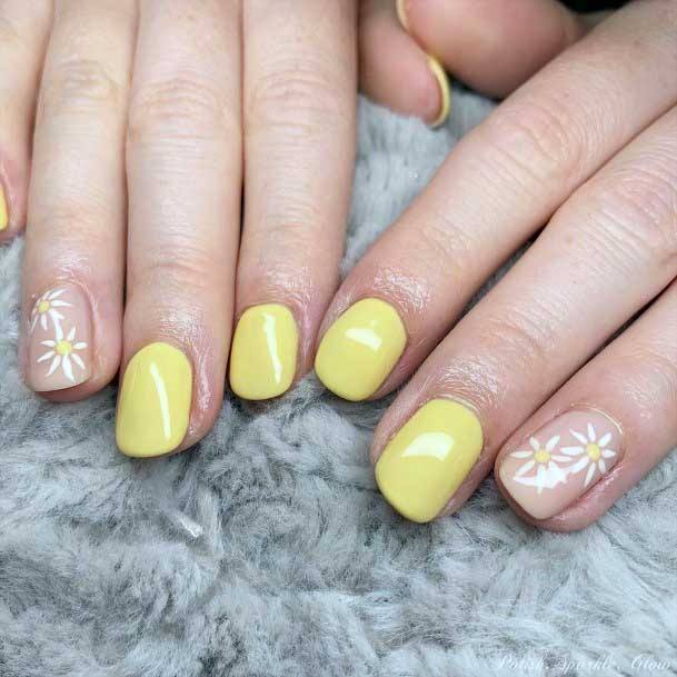 White Flowers On Light Yellow Nails Women