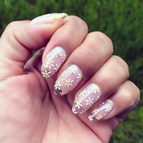 White Flowers On Transparent Nails For Women