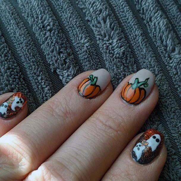 White Ghouls And Pumpkin Nails For Women