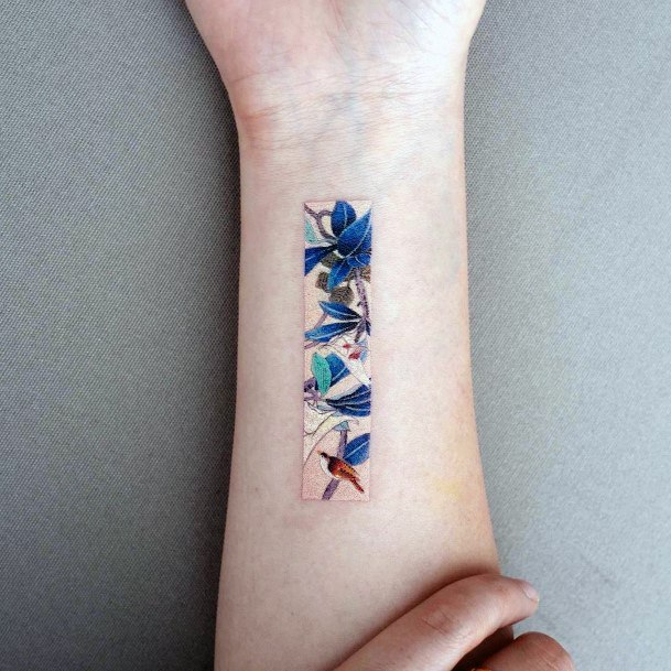 White Ink And Blue Stained Glass Tattoo Womens Hands