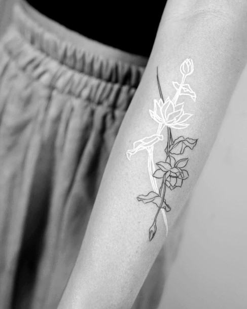 White Ink Lotus And Black Floral Tattoo Women Hands Art