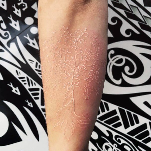 White Ink Tree Tattoo Womens Hands