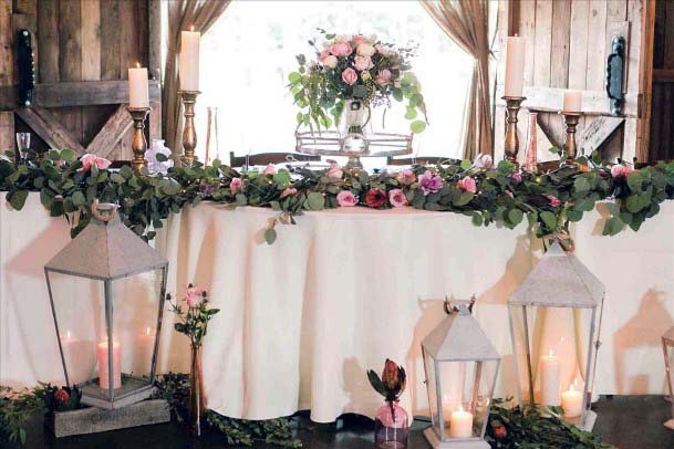 White Linen Wedding Table Decor With Roses