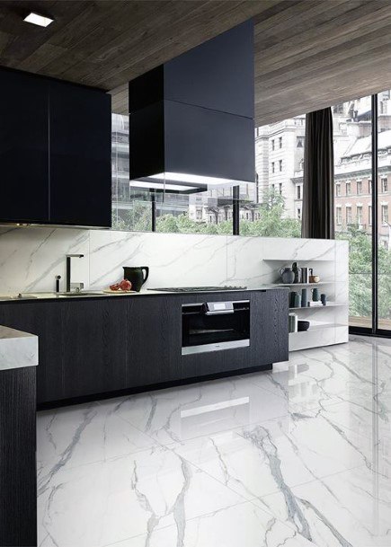 White Marble With Grey Veins Kitchen Flooring Ideas