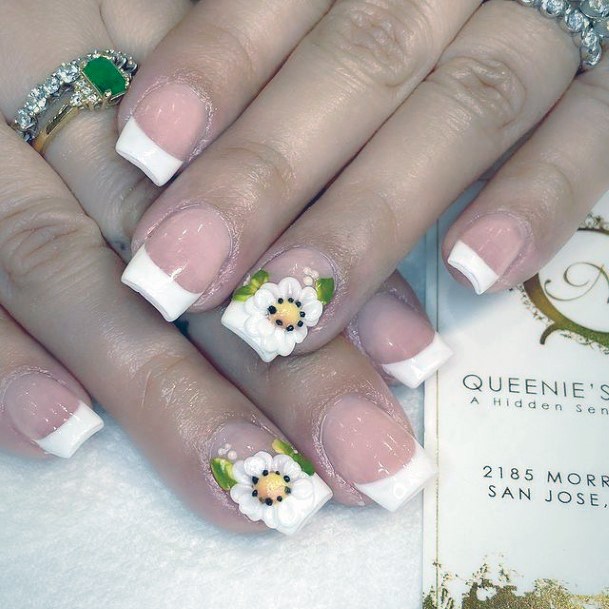 White Nails Flowers 3d Women Manicure