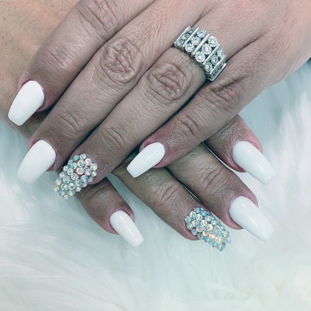 White Nails With Diamond Accent For Women