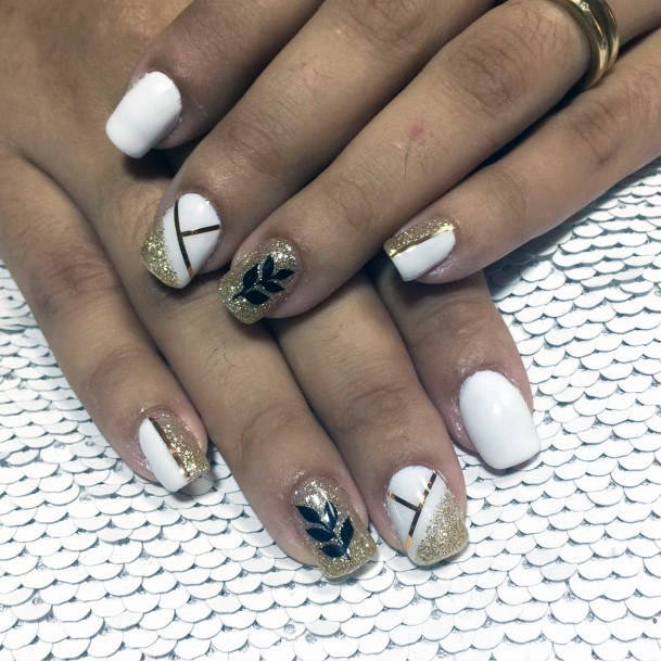White Nails With Elaborate Gold Design