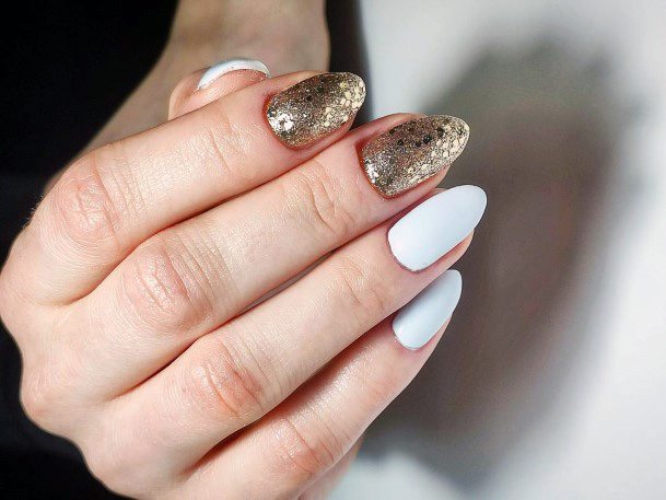 White Nails With Golden Glitter Accent