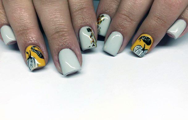 White Nails With Pumpkin Design For Women