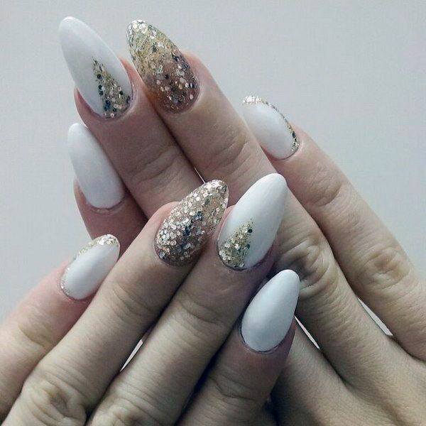 White Nails With Shimmering Gold Design
