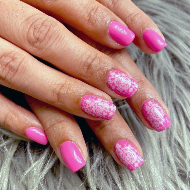 White Patterned Hot Pink Nails