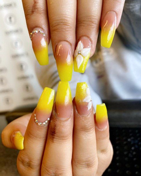White Petalled Blossoms On Yellow Ombre Nails Women