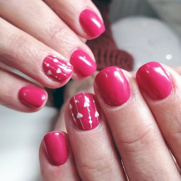 White Romantic Design On Bold Pink Short Nails