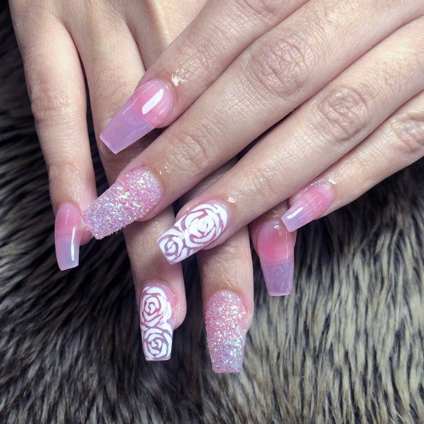 White Rose Art On Clear Pink Nails Women