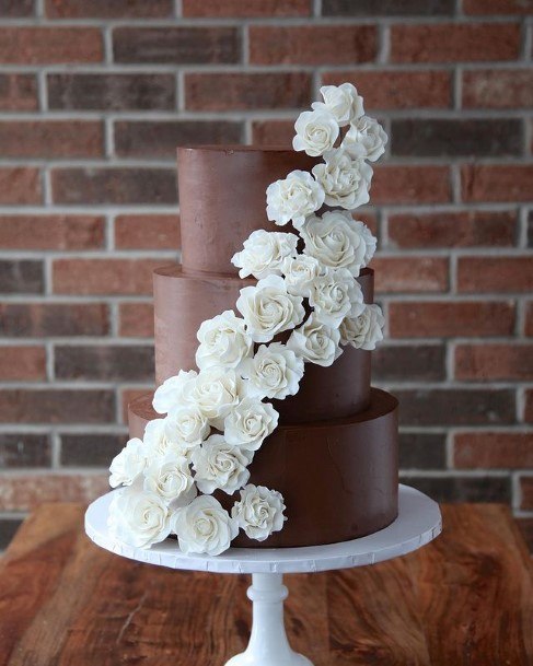 White Rose Creepers On Chocolate Wedding Cake