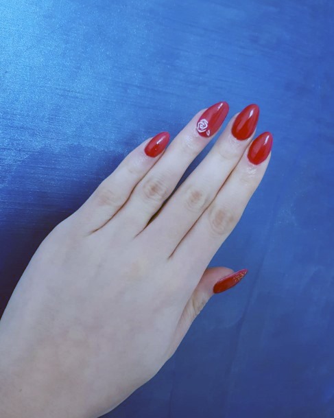 White Rose Stamp On Bright Red Nails Women